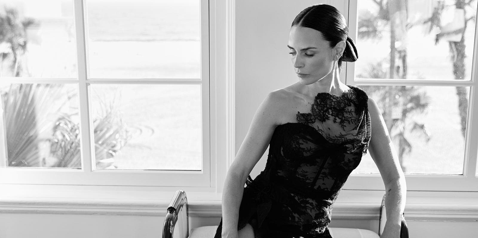 Jordana Brewster in a black lace gown at the Fast and the Furious 25th anniversary event