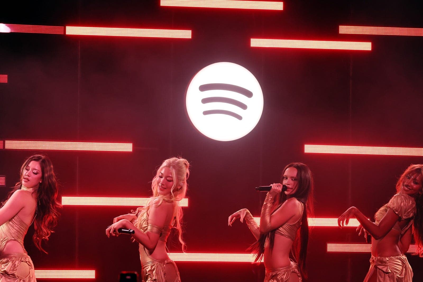 KATSEYE performing on stage at Spotify's Klub Katseye event in Brooklyn