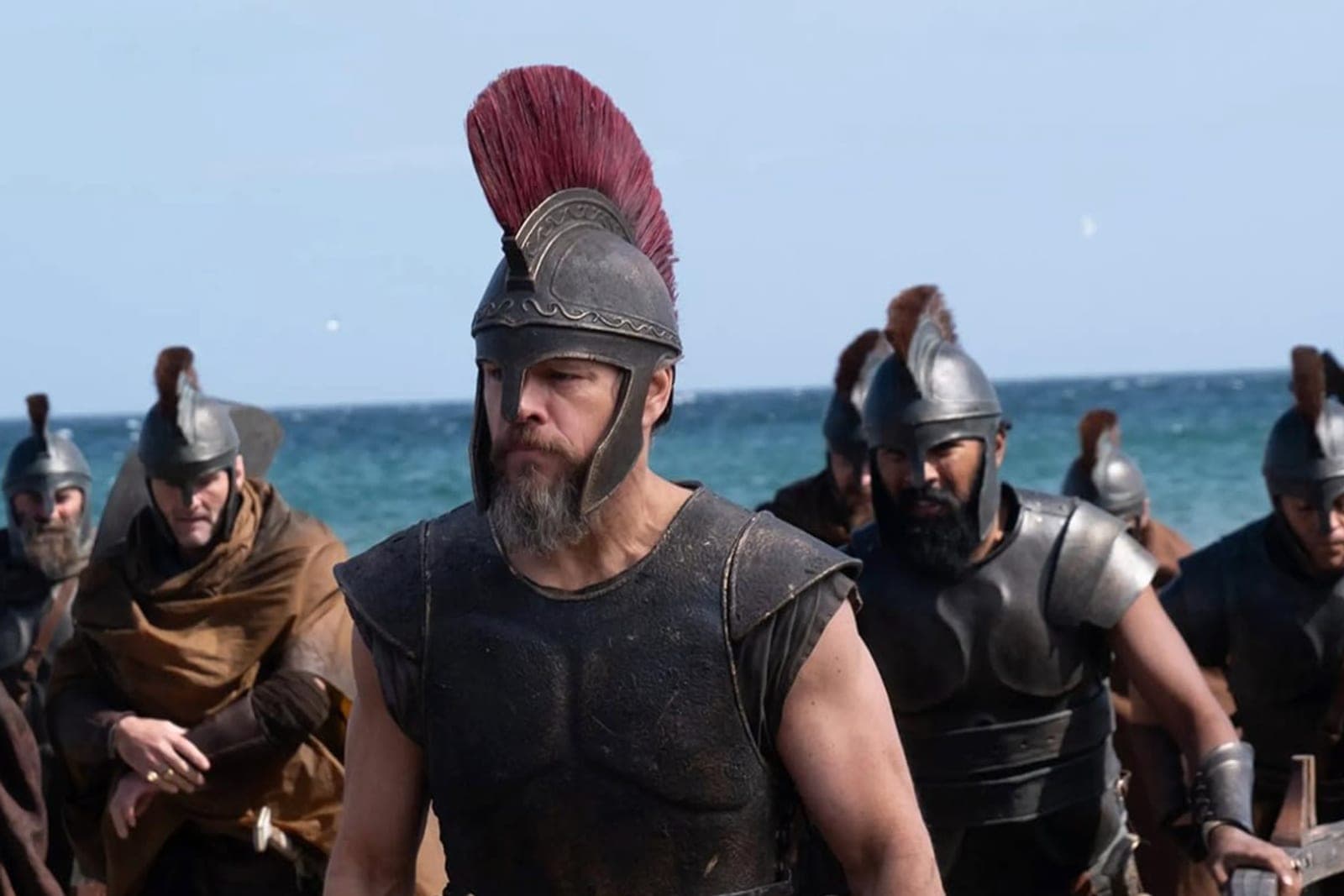 Armoured warriors on a beach in a scene from The Odyssey