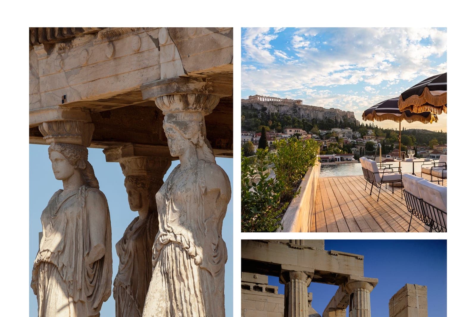 A rooftop view over Athens toward the Acropolis under a clear blue sky