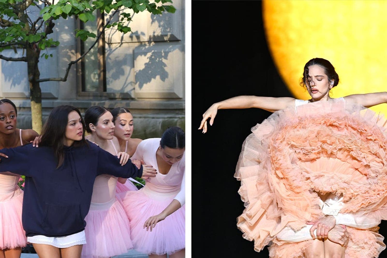 Ballet performers in three distinct costumes and styles