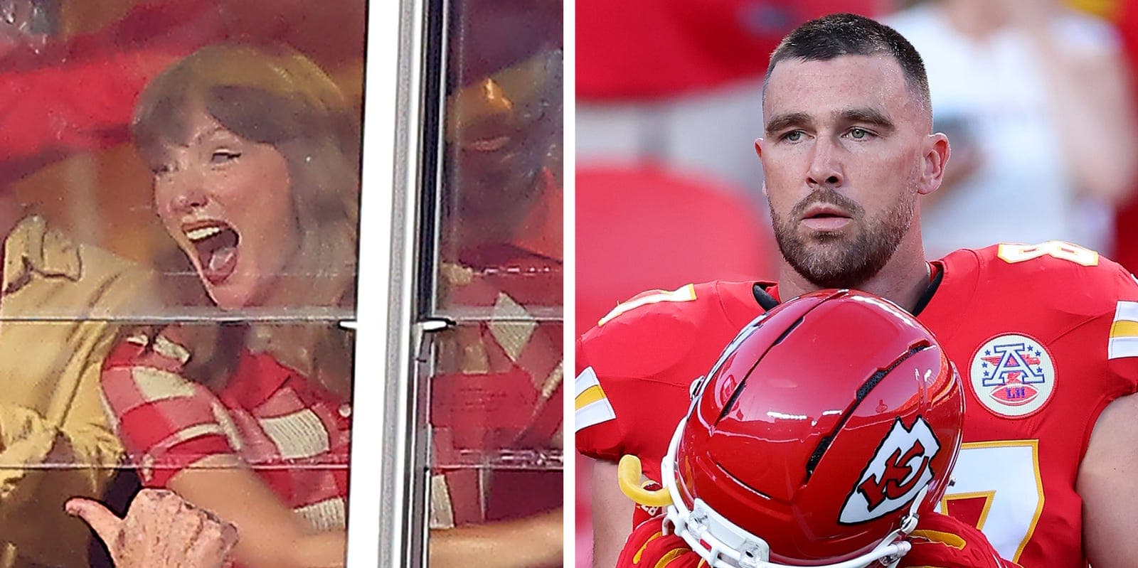 Taylor Swift wearing a red gingham dress at a football game
