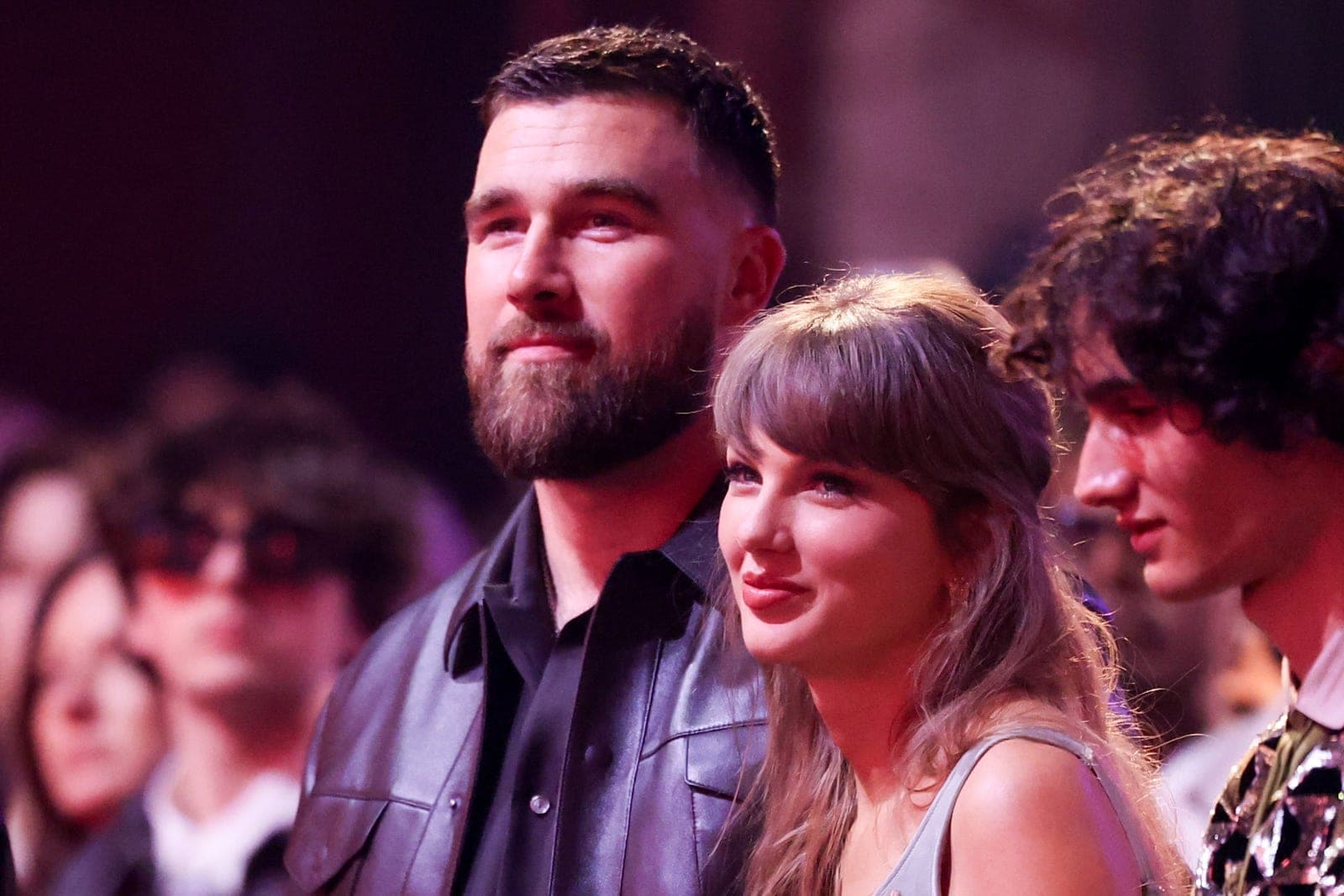 Travis Kelce and Taylor Swift photographed together at an awards ceremony