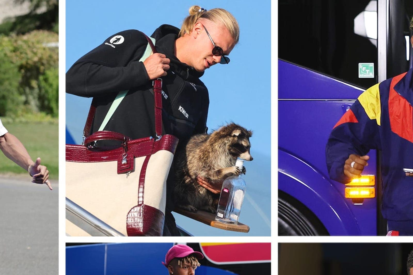 Footballers photographed arriving at a stadium in coordinated outfits